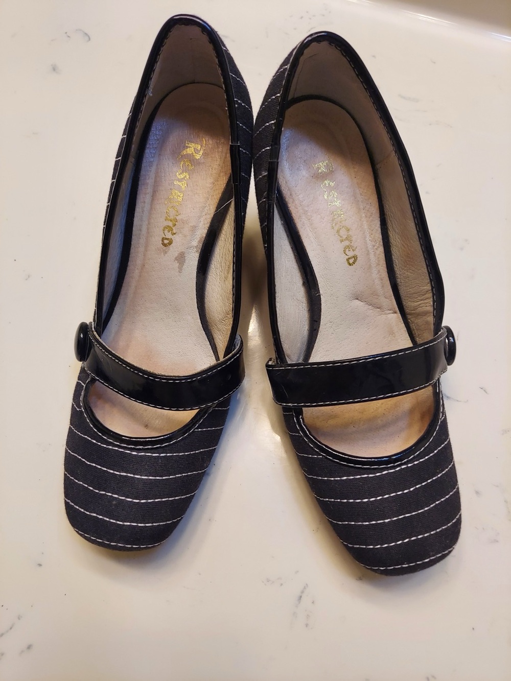 Restricted Black Pinstripe Mary Jane Wedges